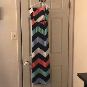 Strapless multi-color maxi dress.